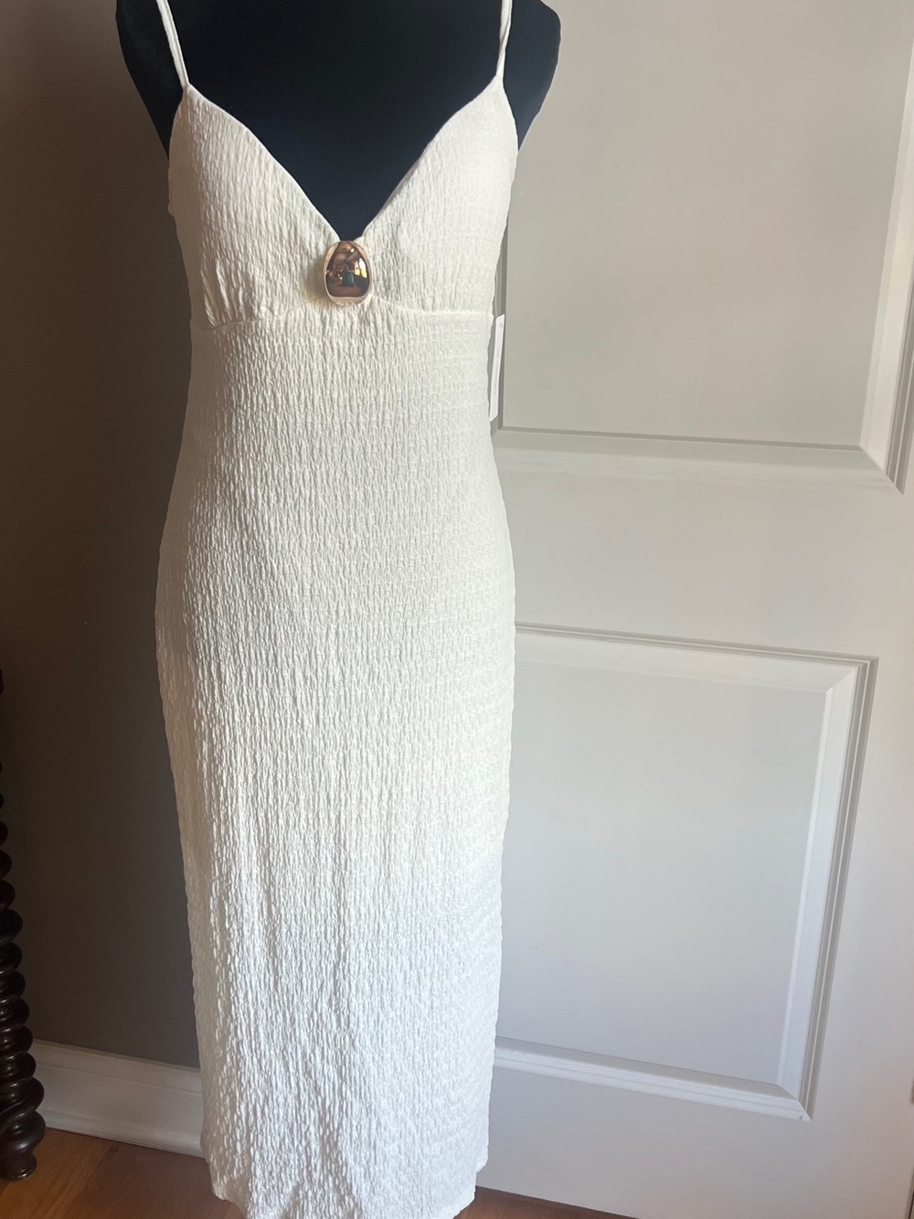 White Textured Spaghetti-Strap Midi Dress